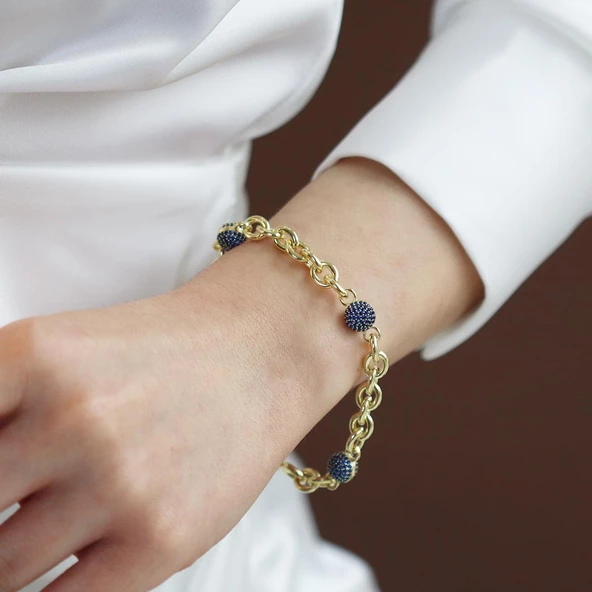 Lacivert Taşlı Gold Kaplama 3 Toplu Gümüş Hallow Bileklik ürün görseli 1