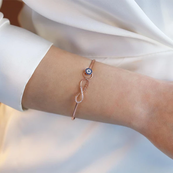 Sonsuzluk Nazar Boncuklu Annem Yazılı Rose Gold Kaplama Gümüş Kelepçe - Resim 3
