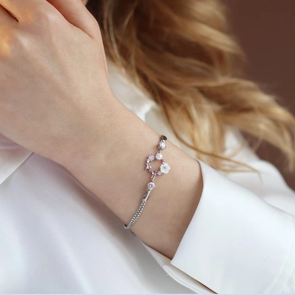 İnci ve Çiçek Motifli Çift Zincirli  Gümüş Bileklik - Resim 2