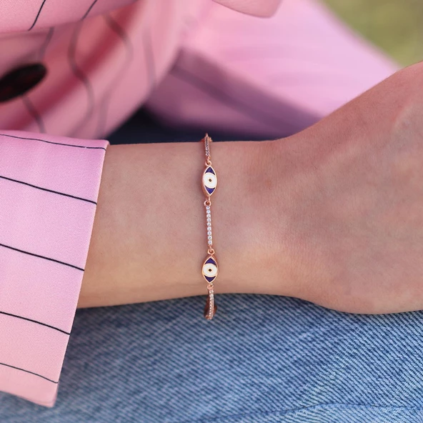 Zirkon Taşlı Lacivert Mine İşli Göz Modeli Rose Gold Kaplama Gümüş Bileklik - Resim 4