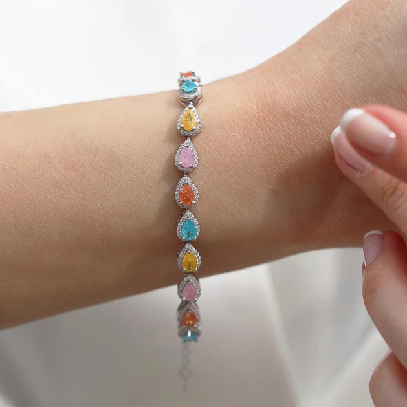 Rainbow Zirkon Damla Taşlı Gümüş Bileklik - Resim 4