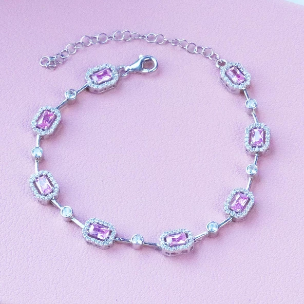 Pembe Zirkon Taşlı Baget Sıralı Gümüş Bileklik - Resim 2