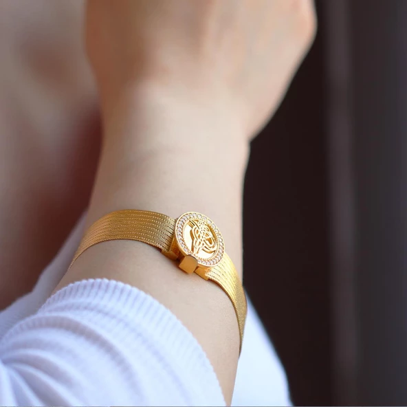 925 Ayar Gümüş Üzerine Gold Kaplama 9 Sıra Gümüş Trabzon Kelepçe - Resim 2