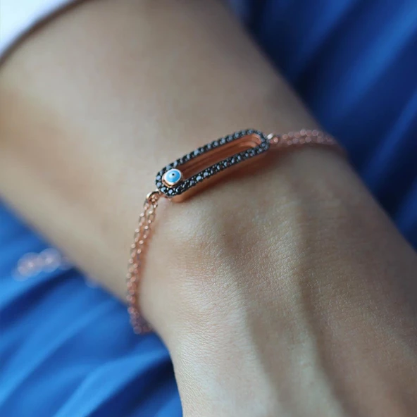Siyah Zirkon Taşlı Nazar Boncuklu Rose Gold Kaplama Gümüş Bileklik - Resim 2