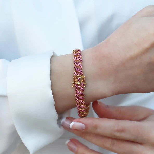 Pembe Zirkon Taş Gold Kaplama Gümüş Gurmet Bileklik - Resim 2