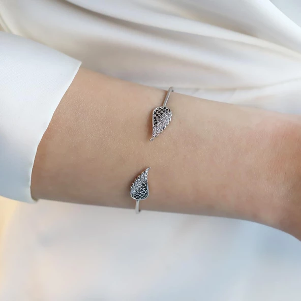 Zirkon Taşlı Kanatlı Gümüş Kelepçe - Resim 3