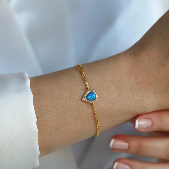 Opal Damla Taşlı Gold Kaplama Gümüş Bileklik - Resim 2