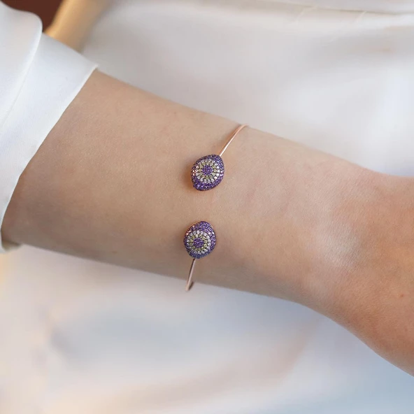 2'li Nazar Mor Taşlı Rose Gold Kaplama Gümüş Kelepçe - Resim 4