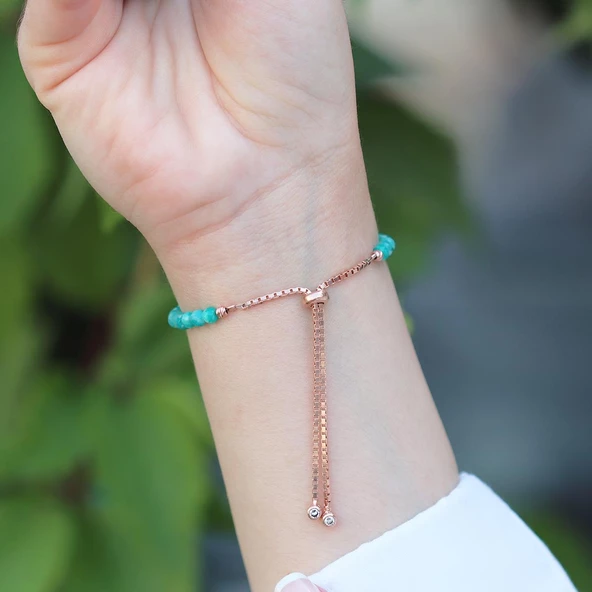 Firüze Taşlı Asansörlü Rose Gold Kaplama Gümüş Bileklik - Resim 2