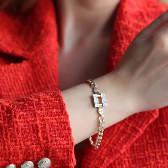 Gurmet Modeli Zirkon Taşlı Gold Kaplama Gümüş Bileklik - Resim 2