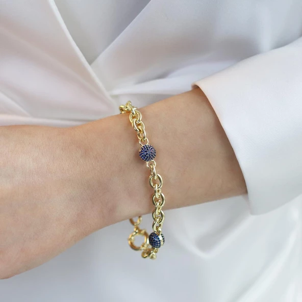 Lacivert Taşlı Gold Kaplama 3 Toplu Gümüş Hallow Bileklik - Resim 4