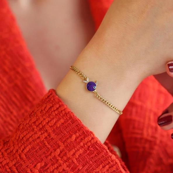 Mor Mine İşli Balık Modeli Gold Kaplama Gurmet Gümüş Bileklik - Resim 3