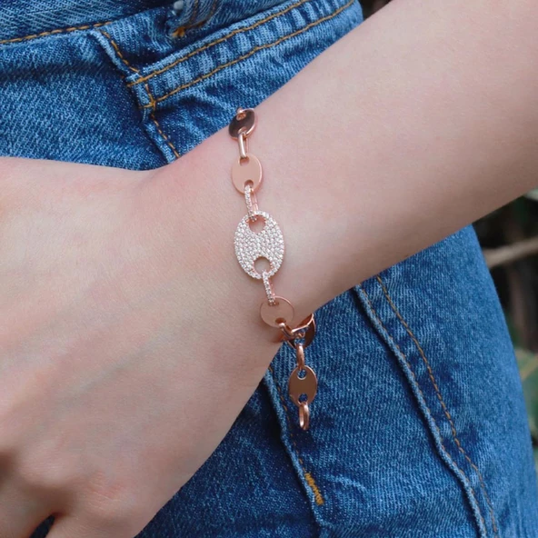 Düğme Modeli Zirkon Taşlı Rose Gold Kaplama Gümüş Bileklik ürün görseli 1