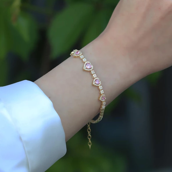 Pembe Kalp Gold Kaplama Gümüş Bileklik - Resim 3