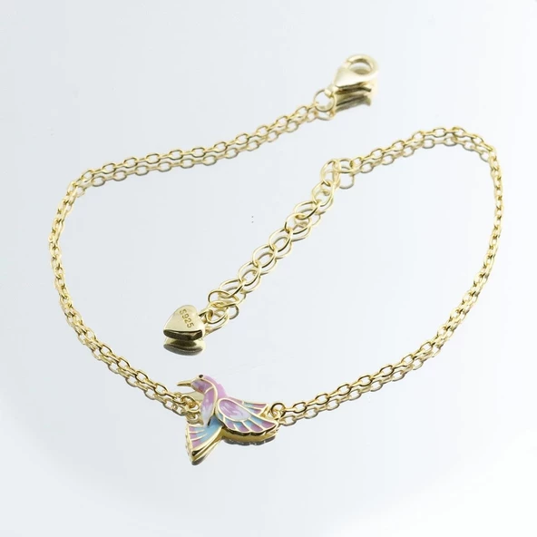 Totem Kuşu Renkli Mine İşli Gold Kaplama Gümüş Bileklik - Resim 4