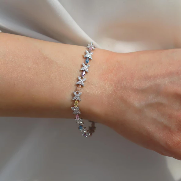 Çiçek Renkli Zirkon Taşlı Gümüş Bileklik - Resim 2