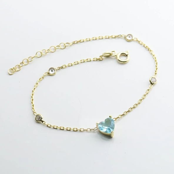Aquamarin Taşlı Gold Kaplama Sevgili Kalp Gümüş Bileklik - Resim 4