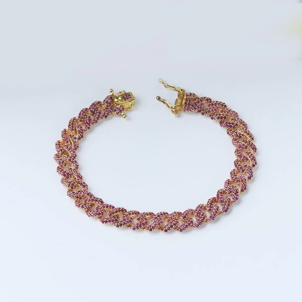 Pembe Zirkon Taş Gold Kaplama Gümüş Gurmet Bileklik - Resim 5
