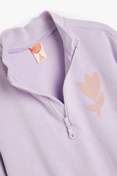Koton Kız Bebek Sweatshirt Dik Yaka Uzun Kollu Yarım Fermuarlı Baskı Detaylı Şardonlu - 3