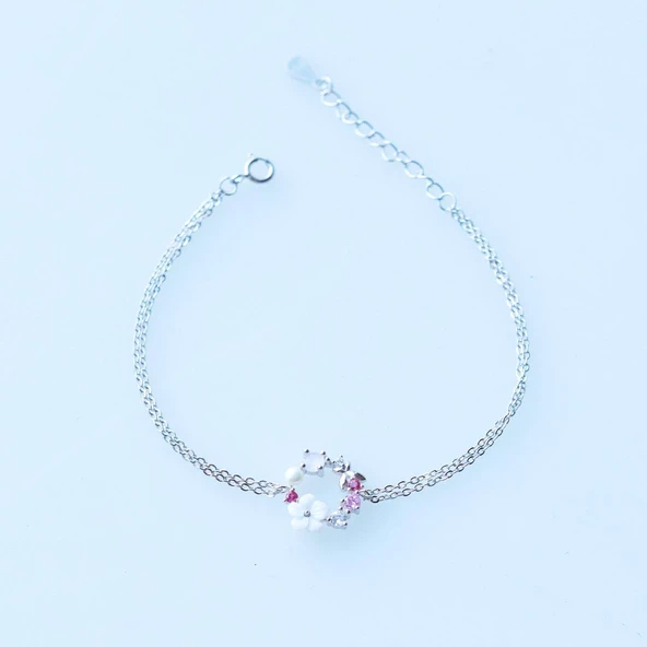 İnci ve Çiçek Motifli Gümüş Bileklik - Resim 3