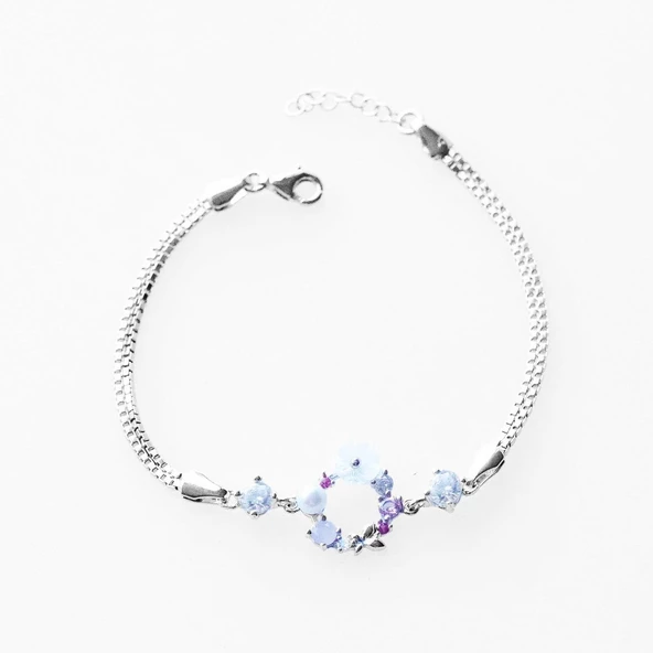 İnci ve Çiçek Motifli Çift Zincirli  Gümüş Bileklik - Resim 4