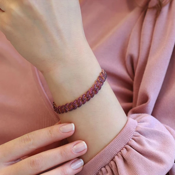 Mor Taşlı Gurmet Model Gümüş Zincir Kadın Bileklik - Resim 2