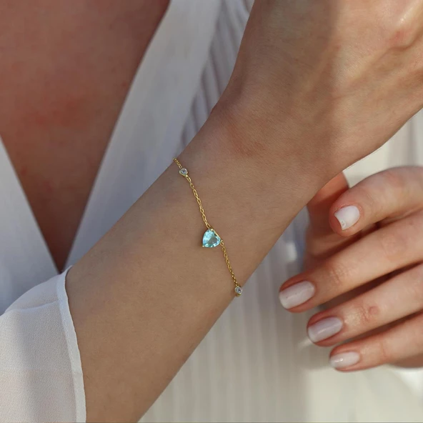 Aquamarin Taşlı Gold Kaplama Sevgili Kalp Gümüş Bileklik - Resim 2