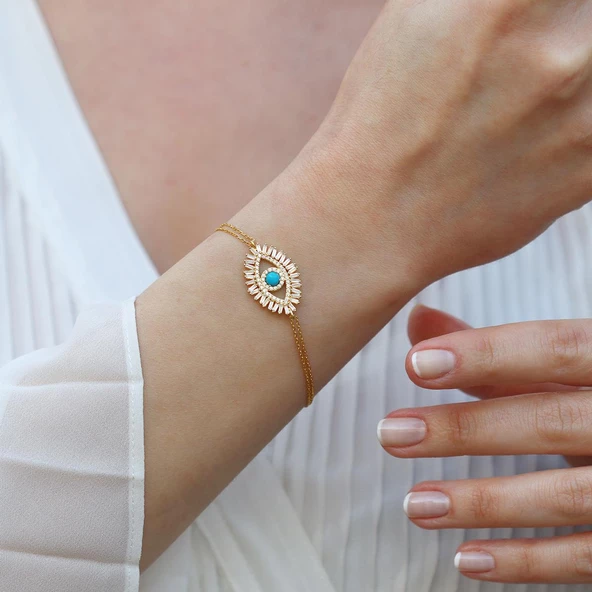 Göz Modeli Turkuaz Taşlı Gold Kaplama Gümüş Bileklik - Resim 3