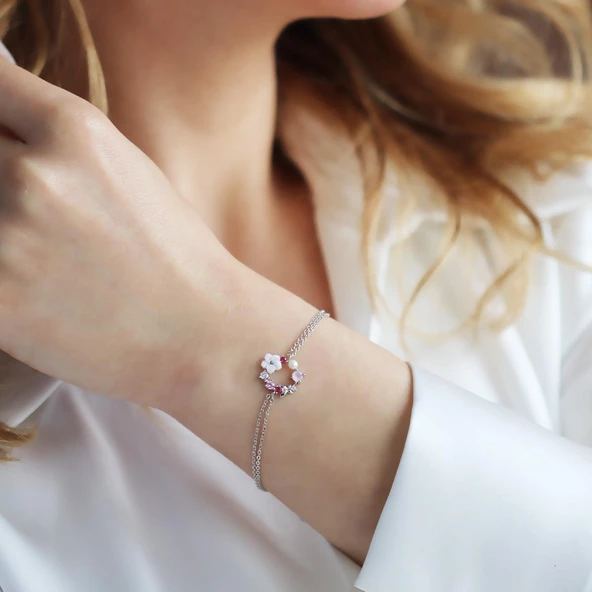 İnci ve Çiçek Motifli Gümüş Bileklik - Resim 4