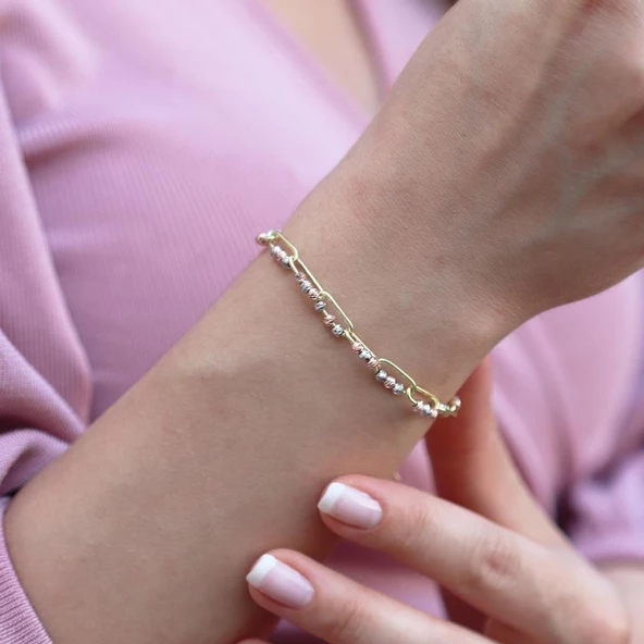 Trend Zincirli Gold Kaplama Dorika Gümüş Bileklik - Resim 2