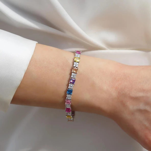 Kare Renkli Zirkon Taşlı Gümüş Bileklik - Resim 4