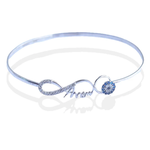 Sonsuzluk Nazar Boncuklu Annem Yazılı Gümüş Kelepçe - Resim 4