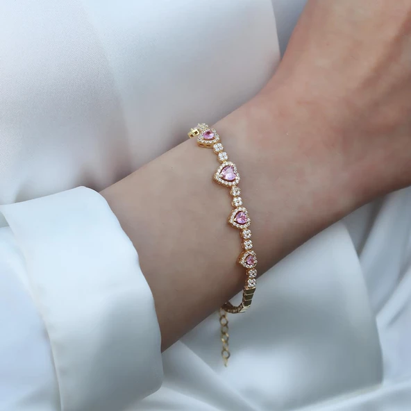 Pembe Kalp Gold Kaplama Gümüş Bileklik ürün görseli 1