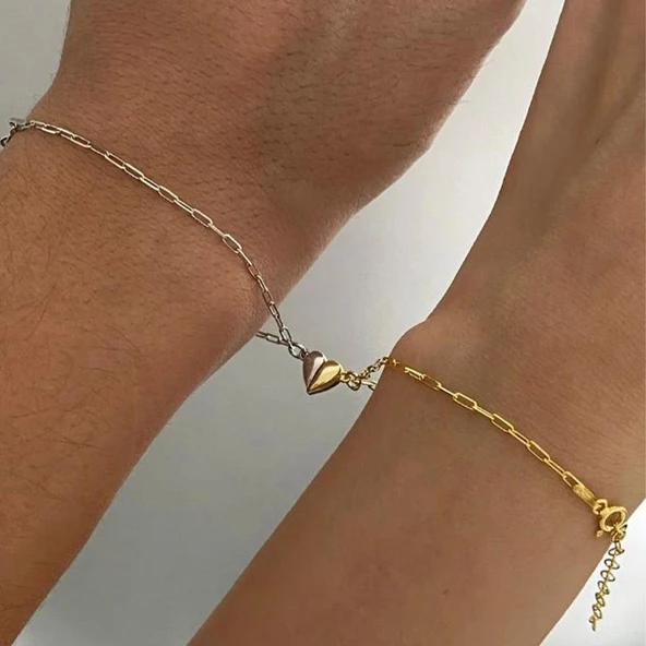 Mıknatıslı Kalp Çift Gümüş Bileklik - Resim 2