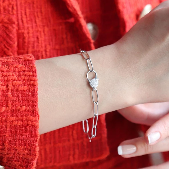 Zirkon Taşlı Ataç Zincir Gümüş Bileklik ürün görseli 1