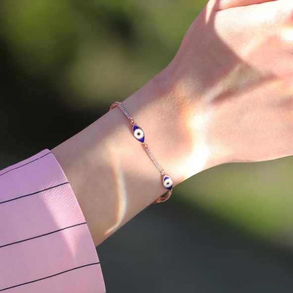 Zirkon Taşlı Lacivert Mine İşli Göz Modeli Rose Gold Kaplama Gümüş Bileklik - Resim 3