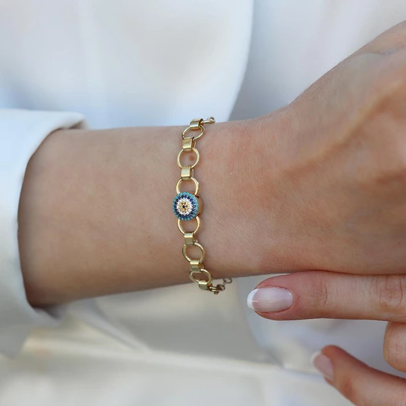 Nazarlı Zirkon Taşlı Gold Kaplama Hallow Bileklik - Resim 4