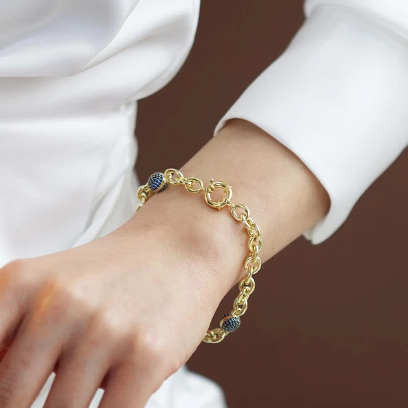 Lacivert Taşlı Gold Kaplama 3 Toplu Gümüş Hallow Bileklik - Resim 3