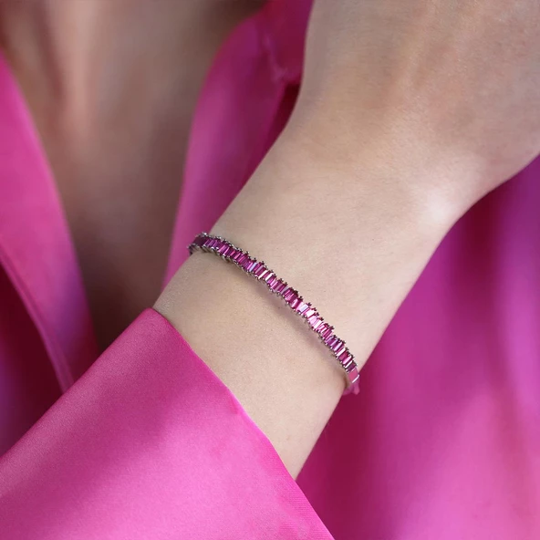 Pembe Baget Taşlı Gümüş Kelepçe - Resim 2