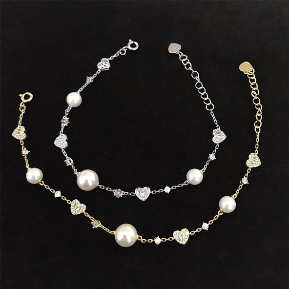 Kalp İnci Detaylı Zarif Gümüş Bileklik - Resim 4