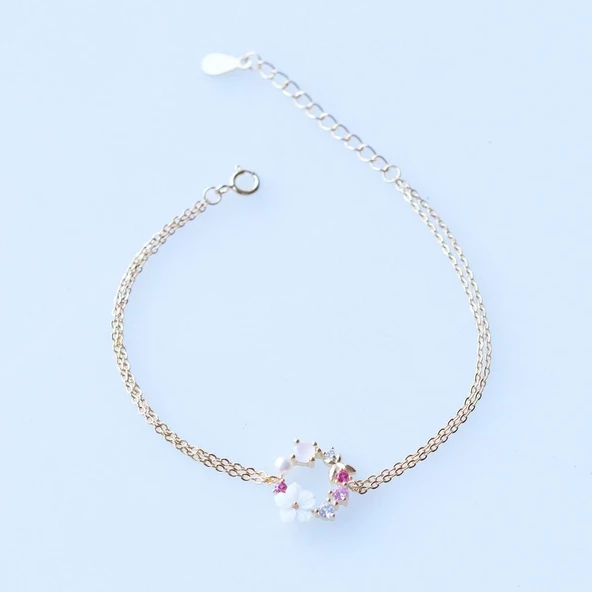 İnci ve Çiçek Motifli Gold Kaplama Gümüş Bileklik - Resim 3