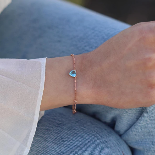 Aquamarin Taşlı Rose Gold Kaplama Sevgili Kalp Gümüş Bileklik