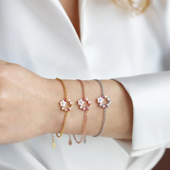 İnci ve Çiçek Motifli Rose Gold Kaplama Gümüş Bileklik - Resim 5
