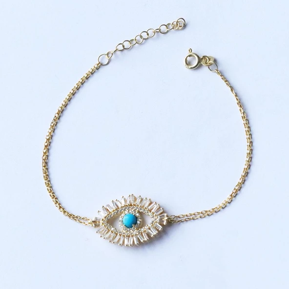 Göz Modeli Turkuaz Taşlı Gold Kaplama Gümüş Bileklik - Resim 4