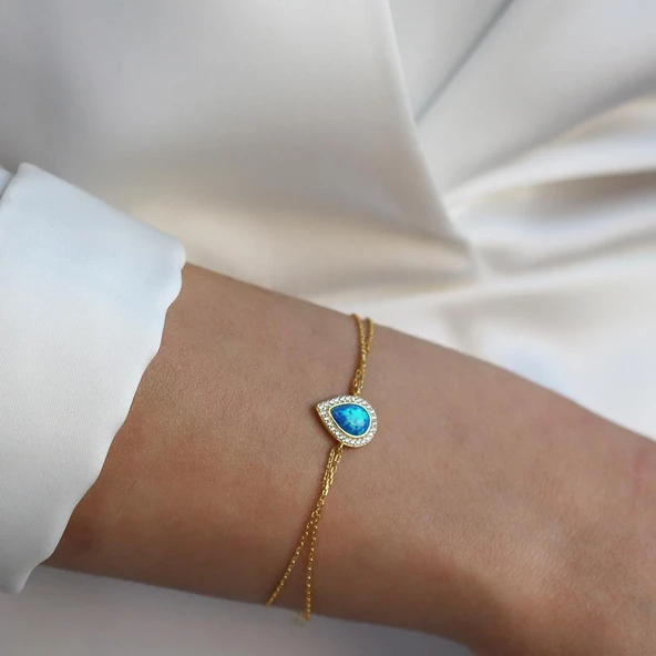 Opal Damla Taşlı Gold Kaplama Gümüş Bileklik - Resim 4