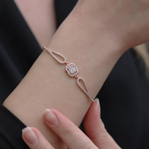 Baget Kesim Zirkon Taşlı Rose Gold Kaplama Gümüş Bileklik ürün görseli 1