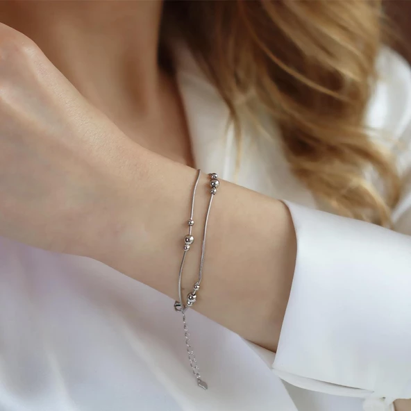 Çift Zincirli Top Model Gümüş Bileklik - Resim 3