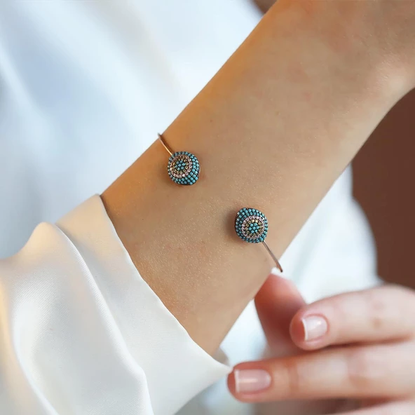 2'li Nazar Turkuaz Taşlı Rose Gold Kaplama Gümüş Kelepçe