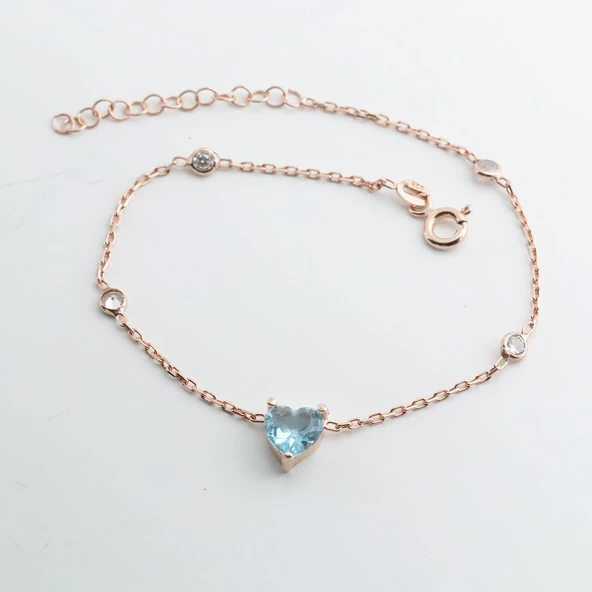 Aquamarin Taşlı Rose Gold Kaplama Sevgili Kalp Gümüş Bileklik - Resim 4