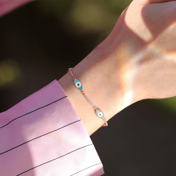 Zirkon Taşlı Mavi Mine İşli Göz Modeli Rose Gold Kaplama Gümüş Bileklik - Resim 3
